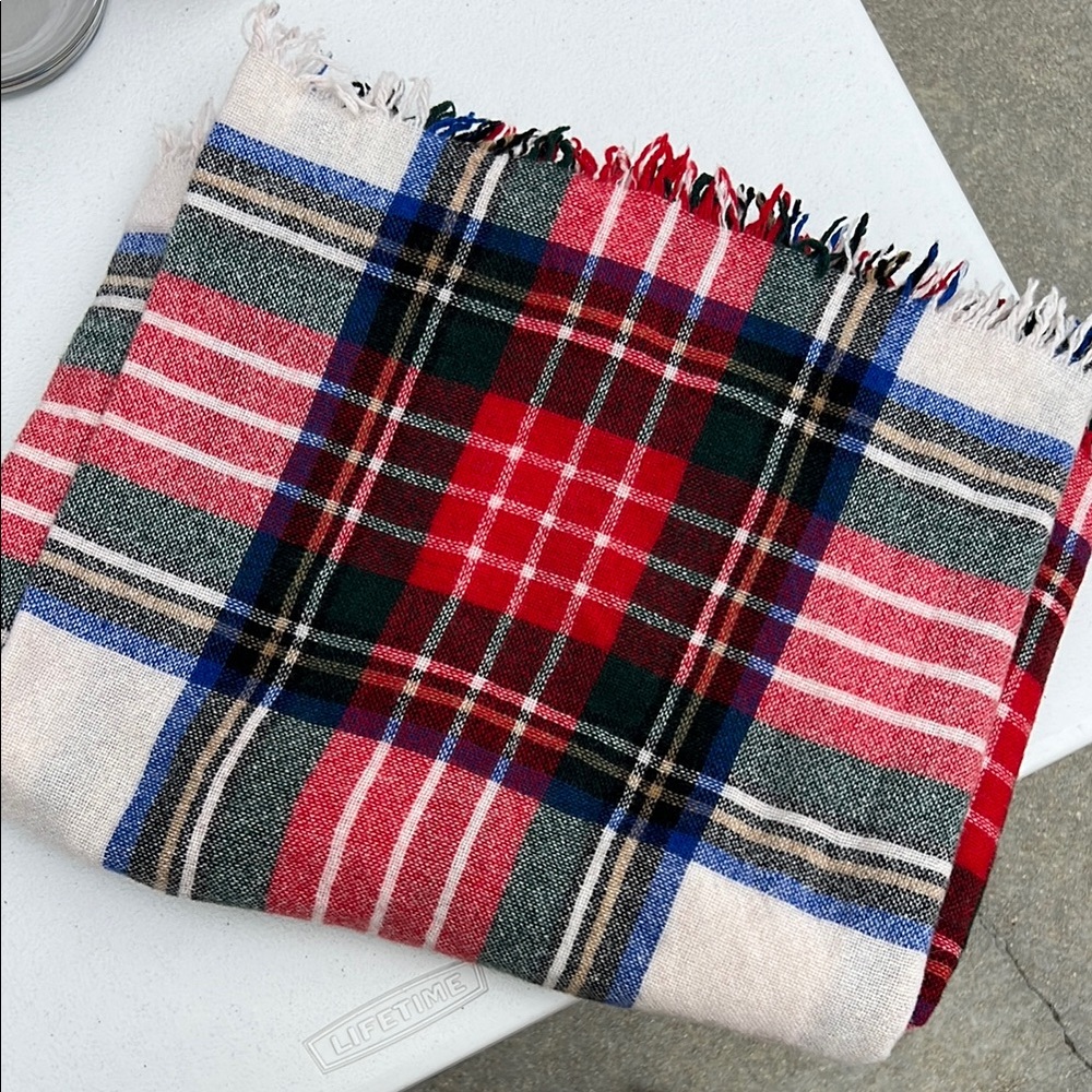 Sezane Wool Plaid Fringe Scarf in Red and Blue